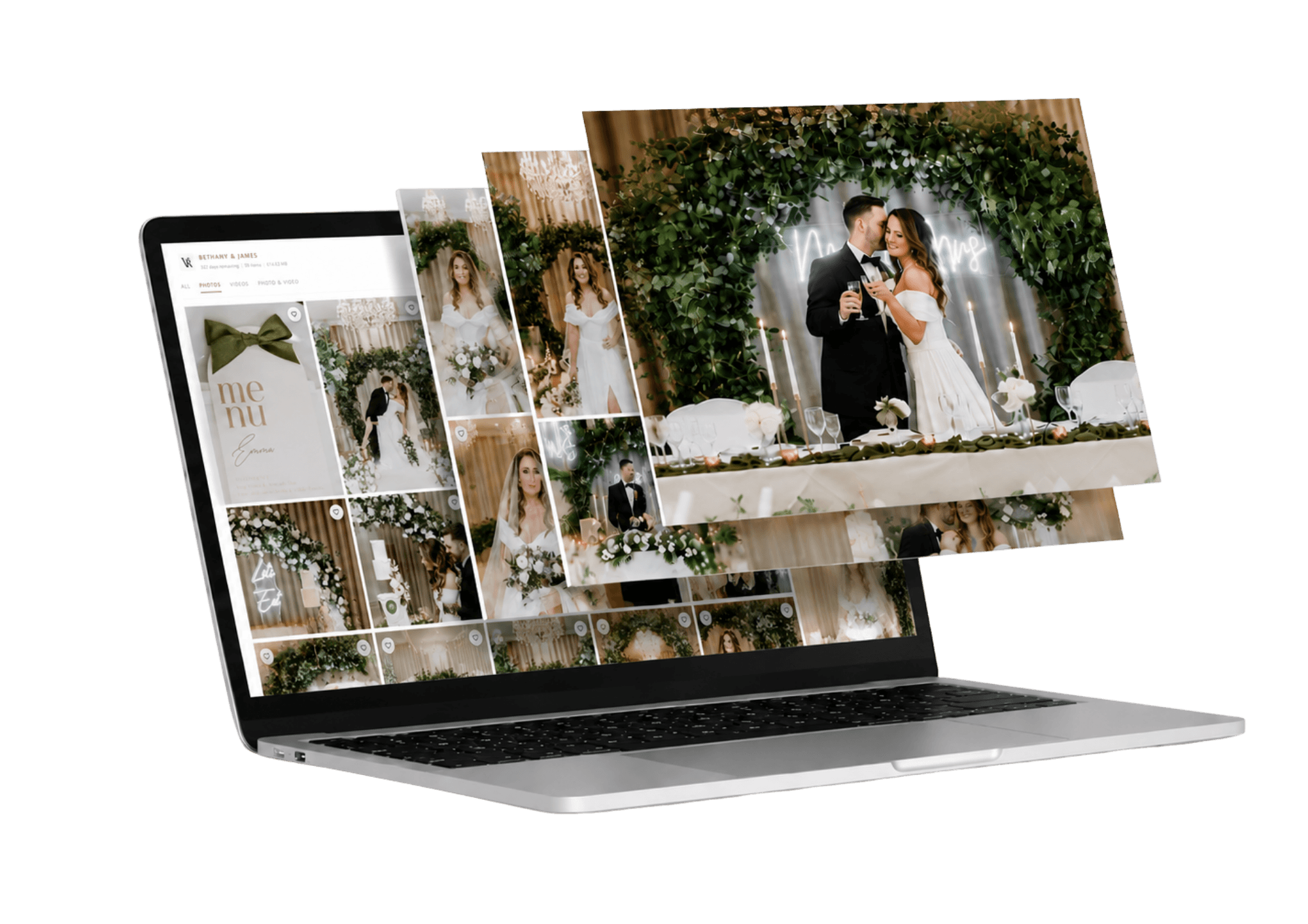 A FileCurator wedding gallery shown on a laptop, with photos spilling out of the screen