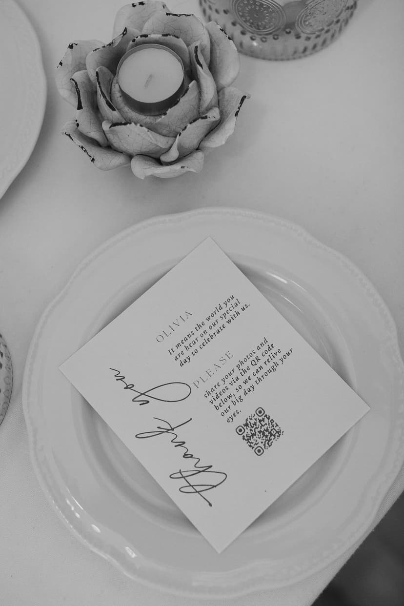 Personalised wedding QR card with guest name asking to share photos and videos